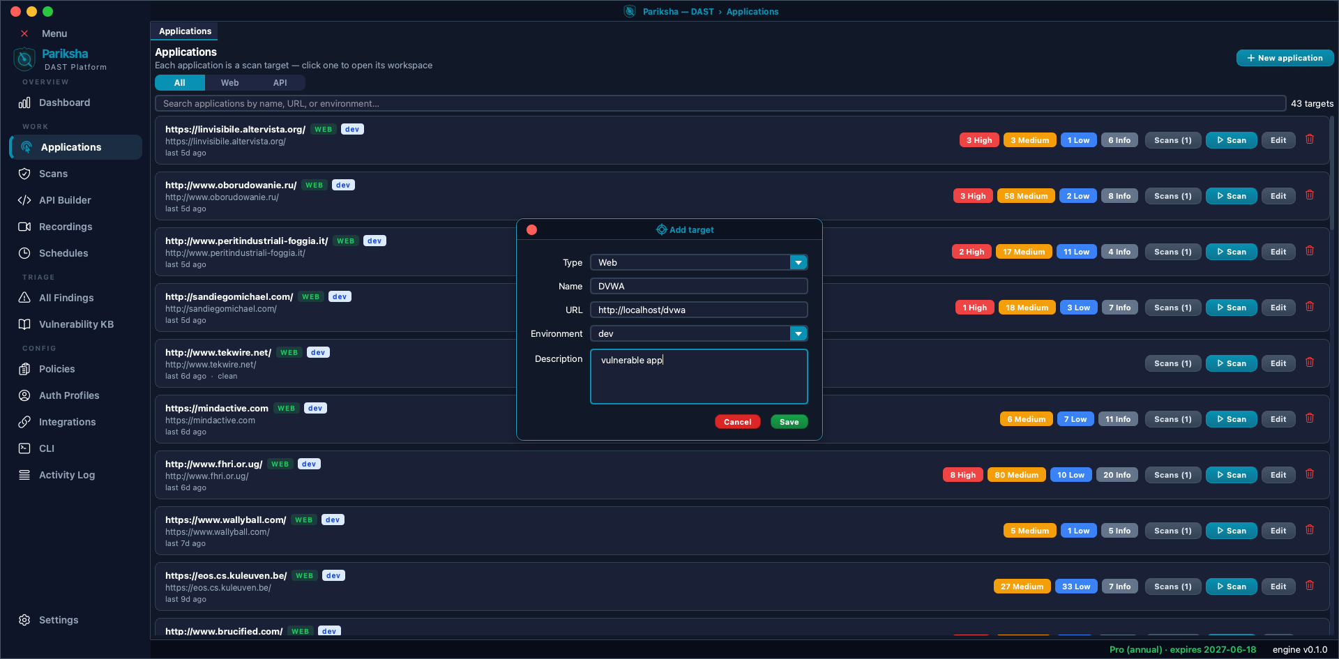 Vooki Pro Applications screen listing saved scan targets with severity counts, and the Add target dialog open showing Type, Name, URL, Environment and Description fields