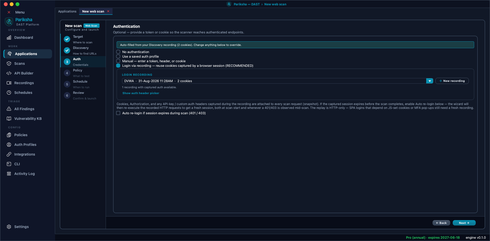 Vooki Pro new web scan wizard Step 3 Authentication, showing four options - no authentication, saved auth profile, manual token or cookie, and login via recording - plus an auto re-login checkbox