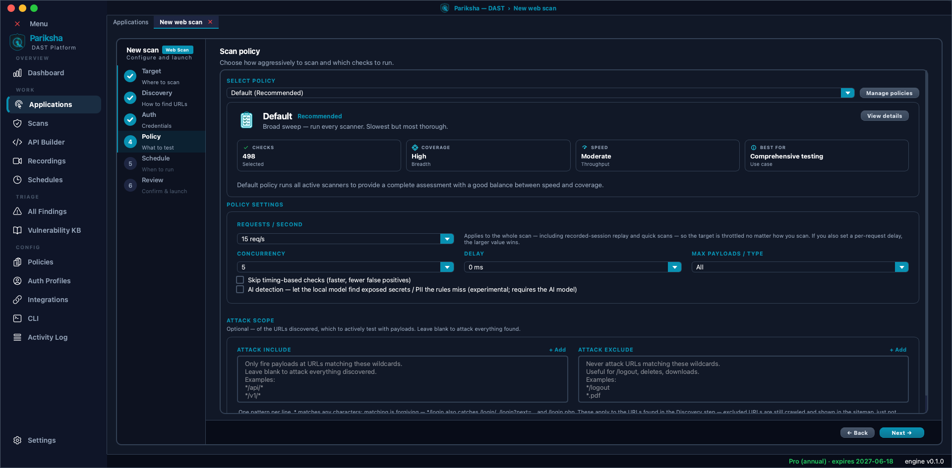 Vooki Pro new web scan wizard Step 4 Policy, showing the Default policy selected with 498 checks, coverage and speed summary cards, and policy settings for requests per second, concurrency, delay and max payloads