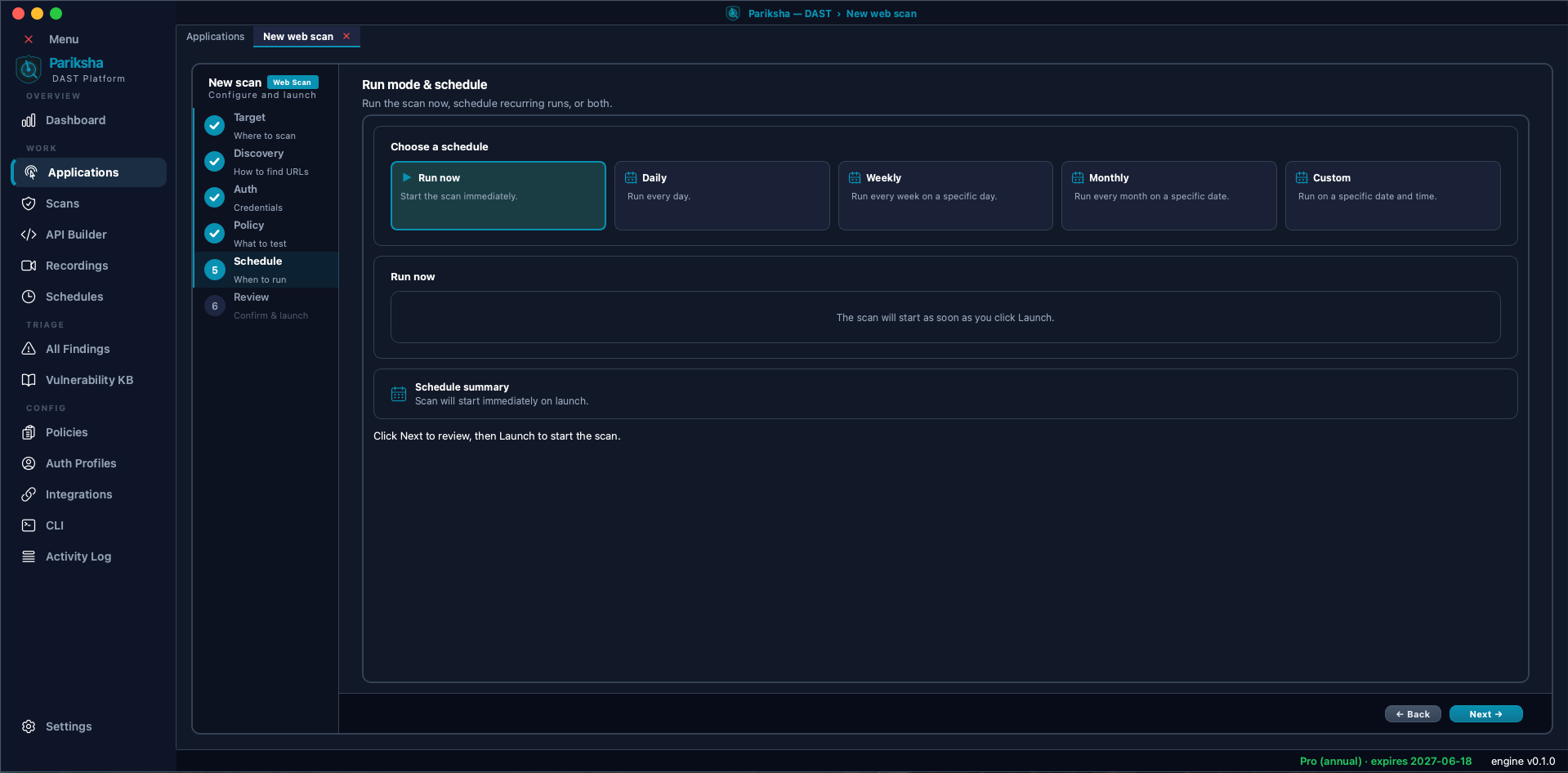 Vooki Pro new web scan wizard Step 5 Schedule, showing Run now, Daily, Weekly, Monthly and Custom schedule cards with a schedule summary panel
