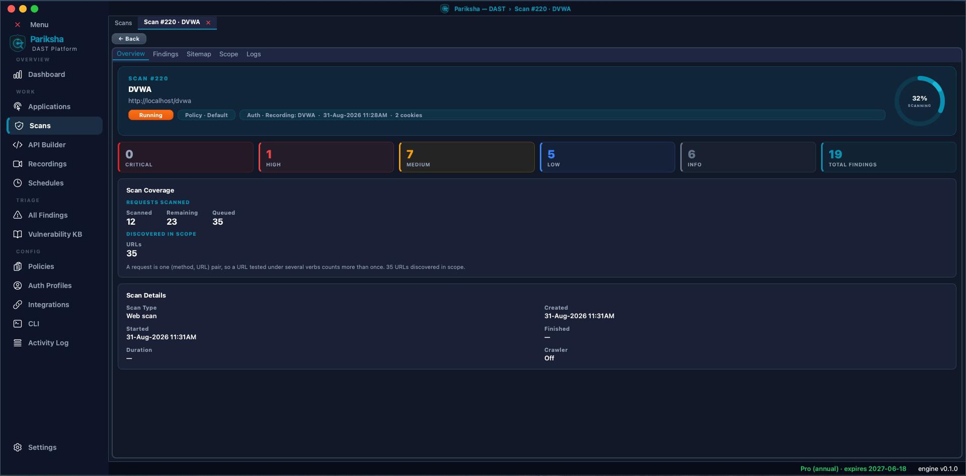 Vooki Pro scan detail Overview tab showing a running scan with severity tiles for critical, high, medium, low and info findings, a scan coverage panel and scan details including duration