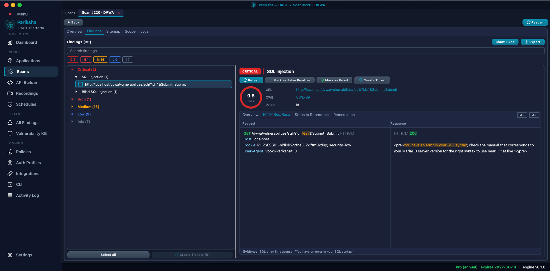 Vooki Pro scan Findings tab with findings grouped by severity, a SQL Injection finding selected showing CVSS 9.8, CWE-89, the vulnerable parameter, and the HTTP request and response with the payload and SQL error highlighted