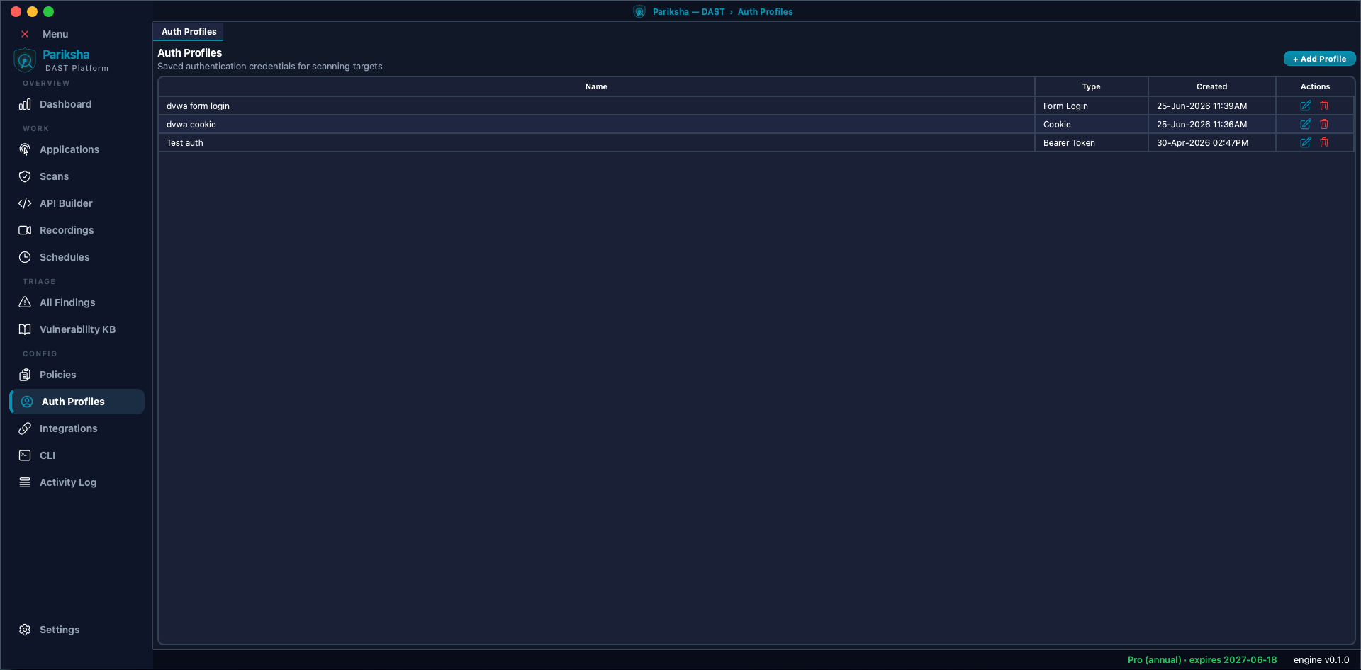 Vooki Pro Auth Profiles screen listing saved credential sets with their name, authentication type such as Form Login, Cookie or Bearer Token, and creation date