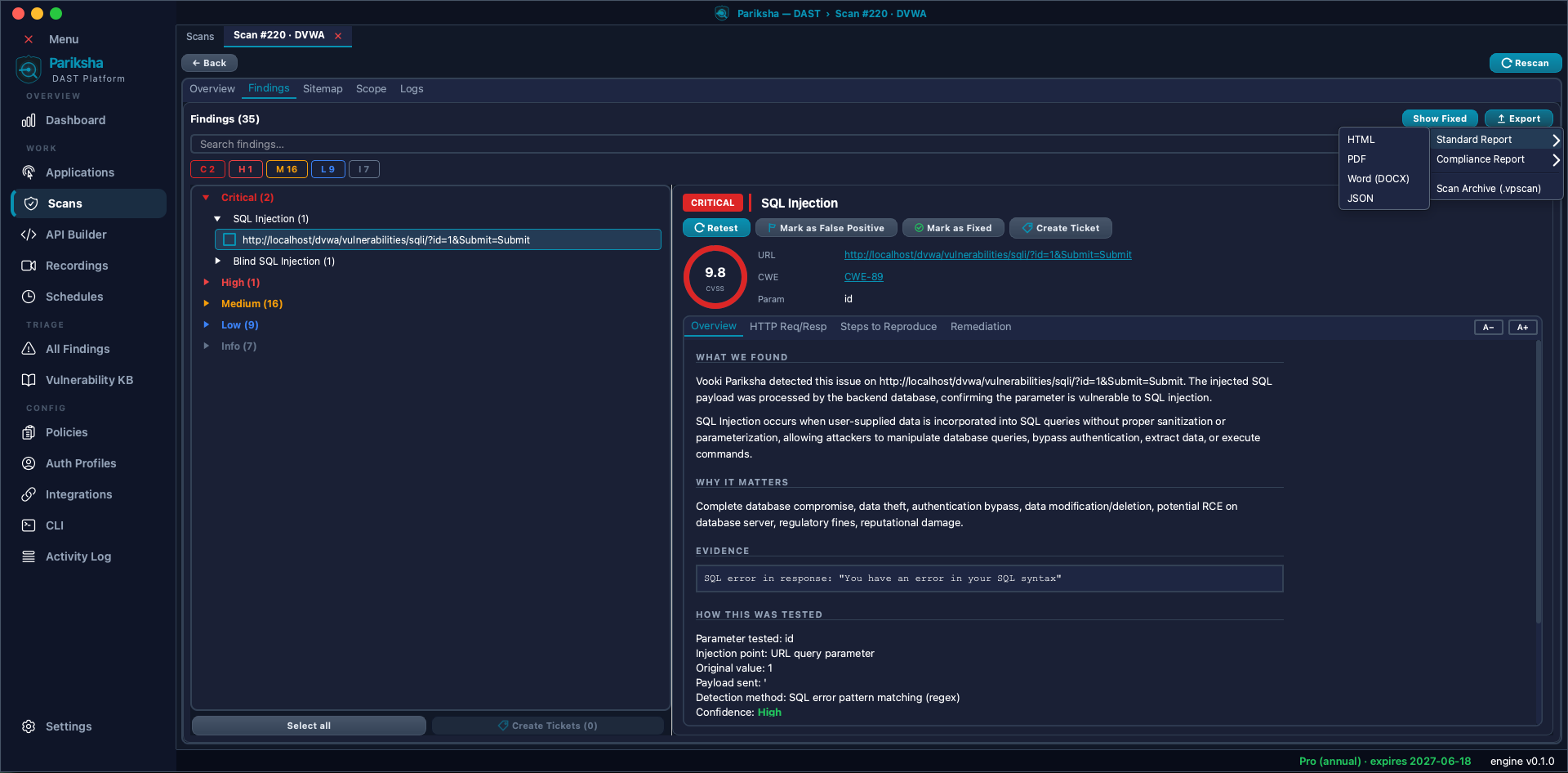 Vooki Pro scan Findings tab with the Export menu open, showing Standard Report submenus for HTML, PDF, Word DOCX and JSON, a Compliance Report submenu, and Scan Archive vpscan